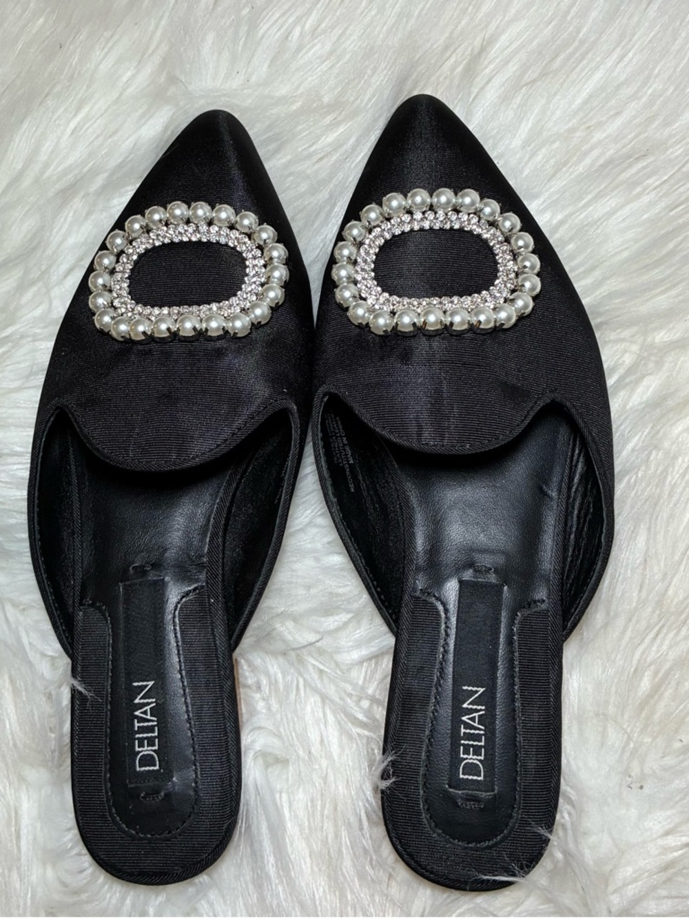 Deltan Black Satin Pointed Mules with Pearl & Crystal Embellishment